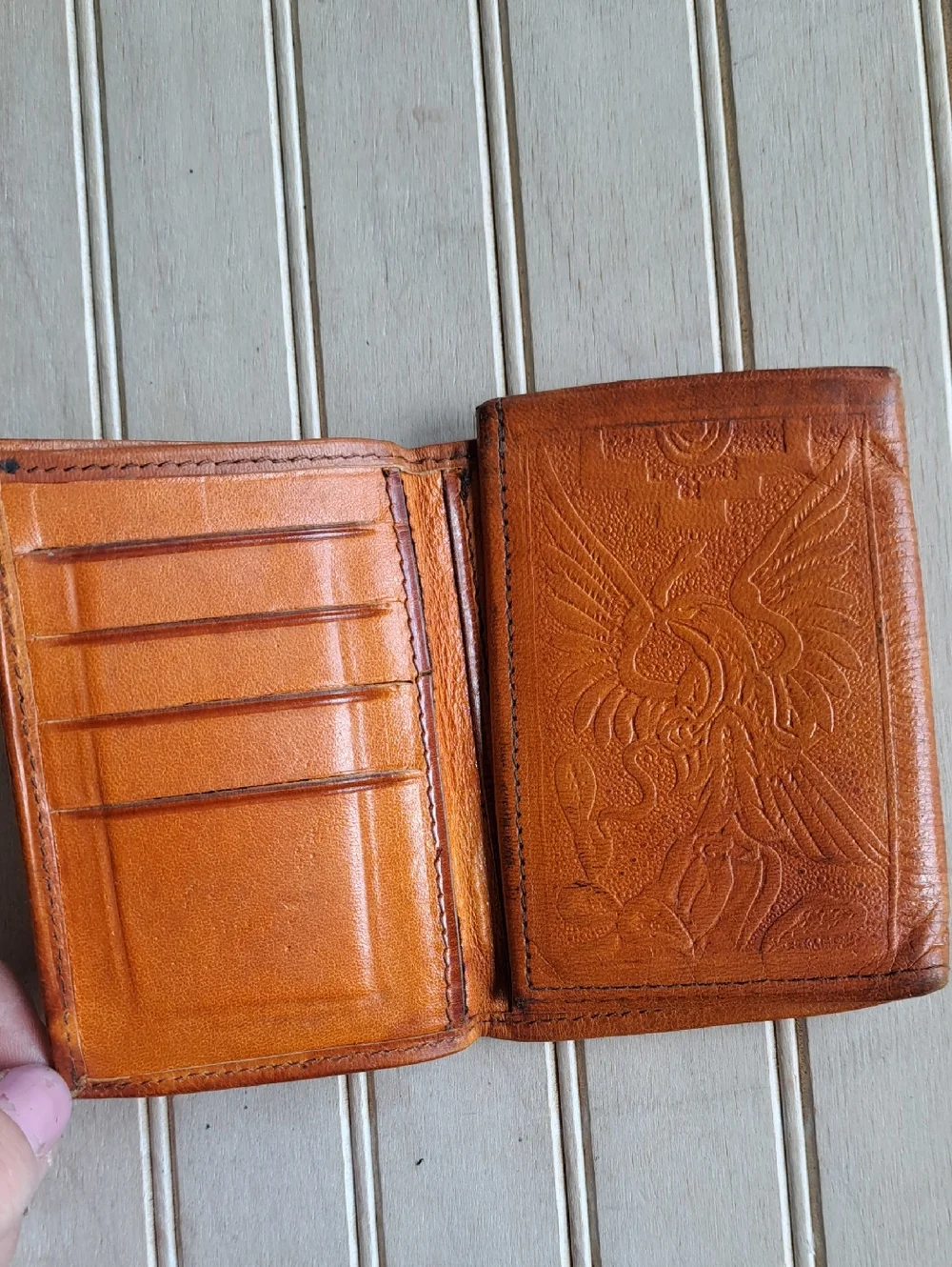 Vintage Handmade Mexican Tooled Leather Trifold Wallet Aztec Mayan Eagle Boho